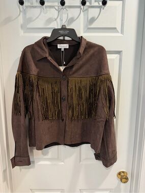 NWT Melrose With Love Dark Faux Suede Top Short  w Gold Stud Fringe Sz L